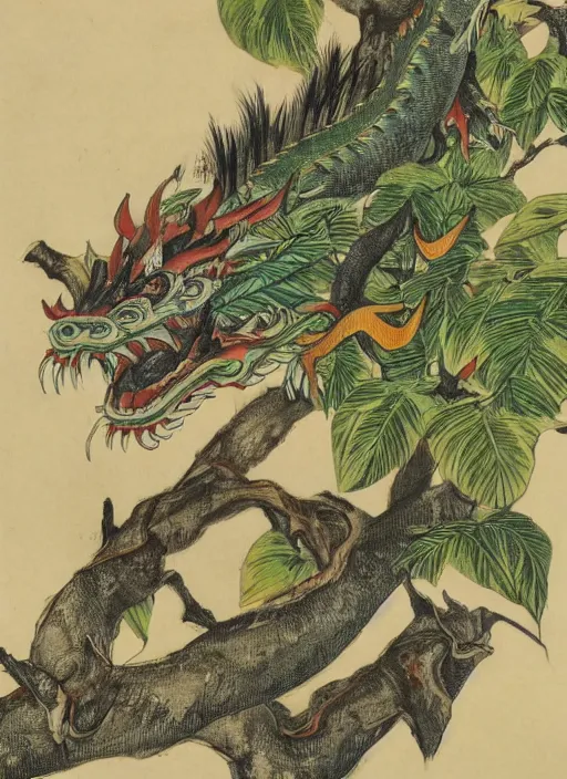 Prompt: vintage chinese dragon in a tropical forest, john james audubon, intaglio, sharp focus