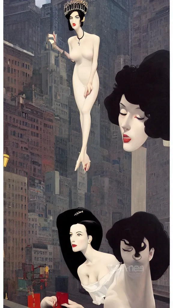Prompt: a tall and beautiful pale woman with very black hair with a crown on her head walk in the streets of new york circa 1 9 8 4 edward hopper and james gilleard, surreal, open ceiling, highly detailed, airbrush, ilya kuvshinov, wlop, stanley artgerm, very coherent, art by takato yamamoto and james jean