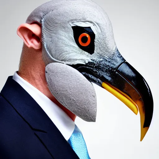 Image similar to stock photo of a man in a suit wearing a latex mask of a shoebill stork, realistic proportions, white background, rim lighting, dramatic