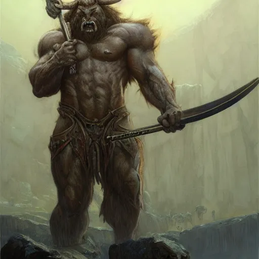 Image similar to huge smug minotaur wielding a greataxe, realistic art by donato giancola and greg rutkowski, digital art, trending on artstation, symmetry!!