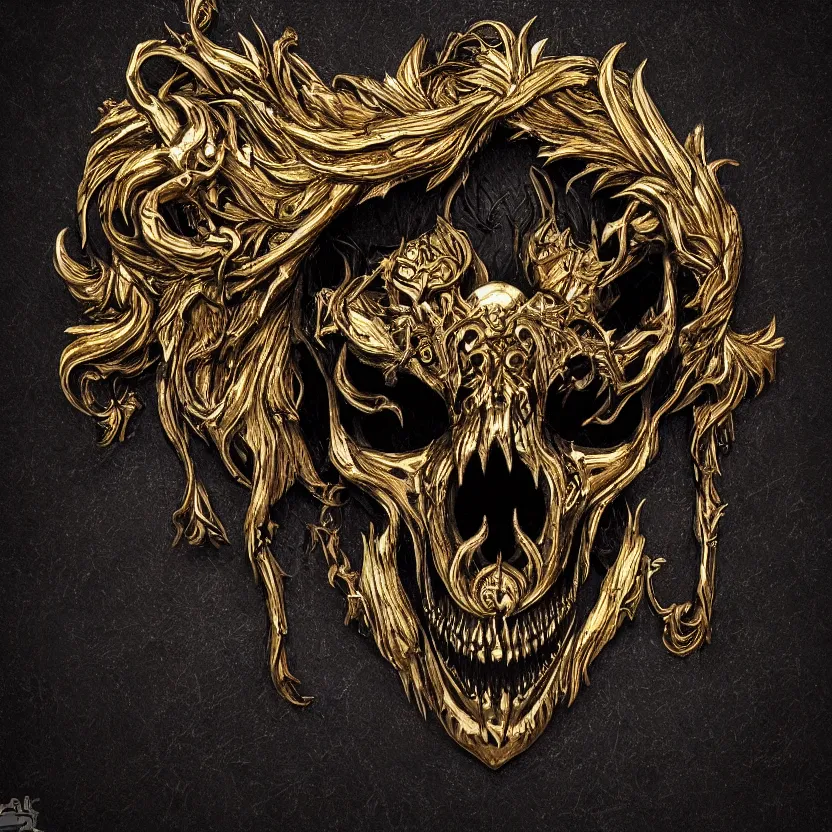 Image similar to photo of wolf skull on bones, dramatic lighting, circural, golden ornaments, symmetric, intricate skeletal decorations, symmetry, highly detailed, concept art, black, glimpse of red, white, gold layers, centered, style of nekroxiii, hyperrealistic, black background, smoke