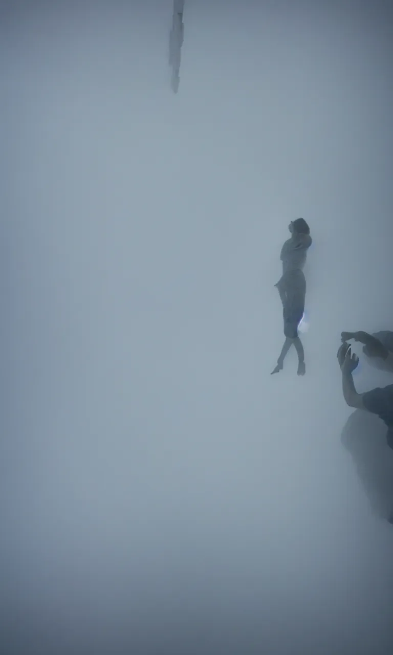 Prompt: POV photo of my diverse arms digging inside an impossible aerogel portal containing a stack of aerogel pads/tablets with handles and grips and node-based visual programming languages, scale model floating in midair in front of me: brilliant daylight emerging from the thick fog, Leica 8K still from an A24 film