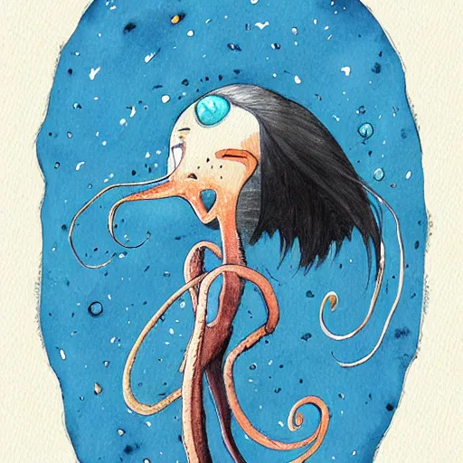 Prompt: a water color gril squid by tony sandoval