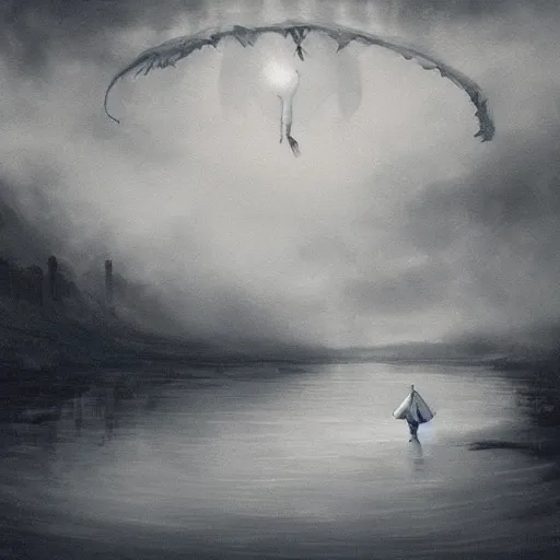 Prompt: ominous bedsheet ghost floating above a river, oil painting, brush strokes, gloomy misty atmosphere, symmetrical, full body image, highly ornate intricate details,