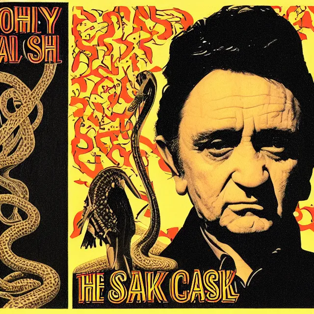 Image similar to album cover for Johnny Cash: The Snake Oil Tapes, album art by Ron Walotsky, snake oil album, snakes, quack medicine, no text, sometimes there's a dream