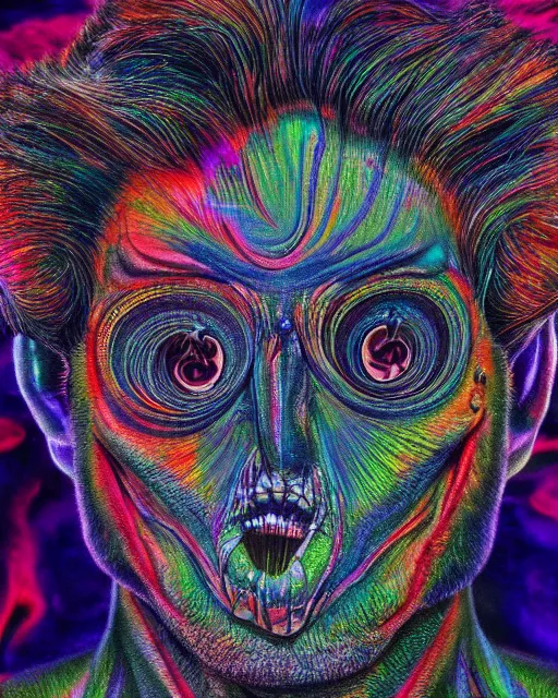 Image similar to realistic portrait of a creature experiment gone wrong, psychedelic, dark art, facing camera, photo realistic, detailed, 1 4 5 0, delicate, hyper realism, ultra realistic, 8 k