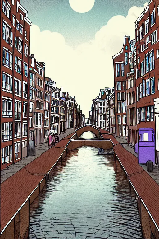 Image similar to alone in amsterdam, realistic, art by jacqueline e, color by tafy laplanche, background by bo feng lin