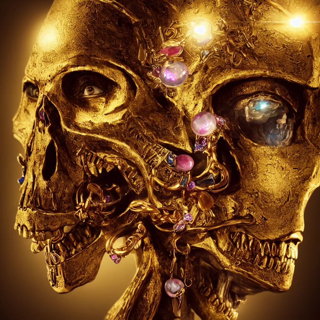 Image similar to Photorealistic epic egyptian god face close up portrait human skull, ram skull, jackal skull, gold, gemstones, gems, jewels, light beams, lens flare. ominous, ancient magic, scary intricate artwork by Tooth Wu and beeple and Jake Baddeley. octane render, trending on artstation, greg rutkowski very coherent symmetrical artwork. cinematic, hyper realism, high detail, octane render, 8k