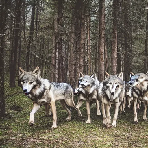 Image similar to a pack of wolves approaching you in a forest