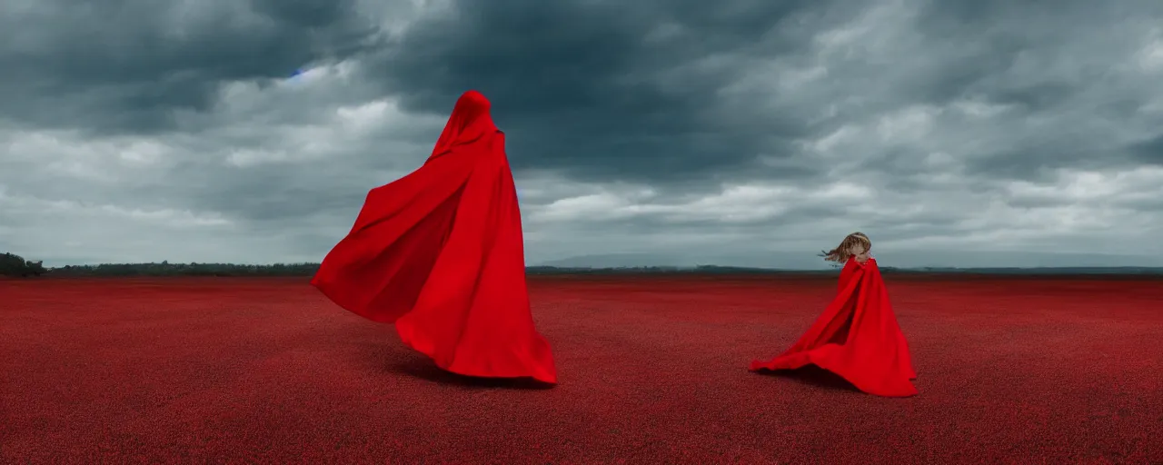 Image similar to A woman in an endless red cape like a ribbon twirling towards the horizon, like a giant sprawled red road, film still, realistic, cloth