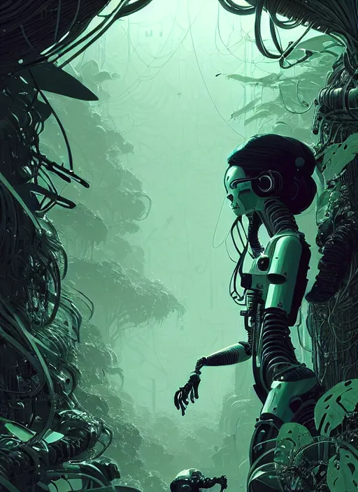 Prompt: highly detailed portrait of a biopunk cyborg long wavy dark hair tribal lady, stray wiring by atey ghailan, james gilleard, by joe fenton, by greg rutkowski, by greg tocchini, by kaethe butcher, 4 k resolution, gradient green, black and white color scheme!!! ( ( forested robotic dense jungle background ) )