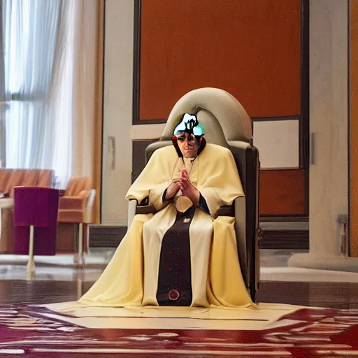 Image similar to sitting in big chair is pope benedict as chancelor palpatine in star wars episode 3, 8 k resolution, cinematic lighting, anatomically correct