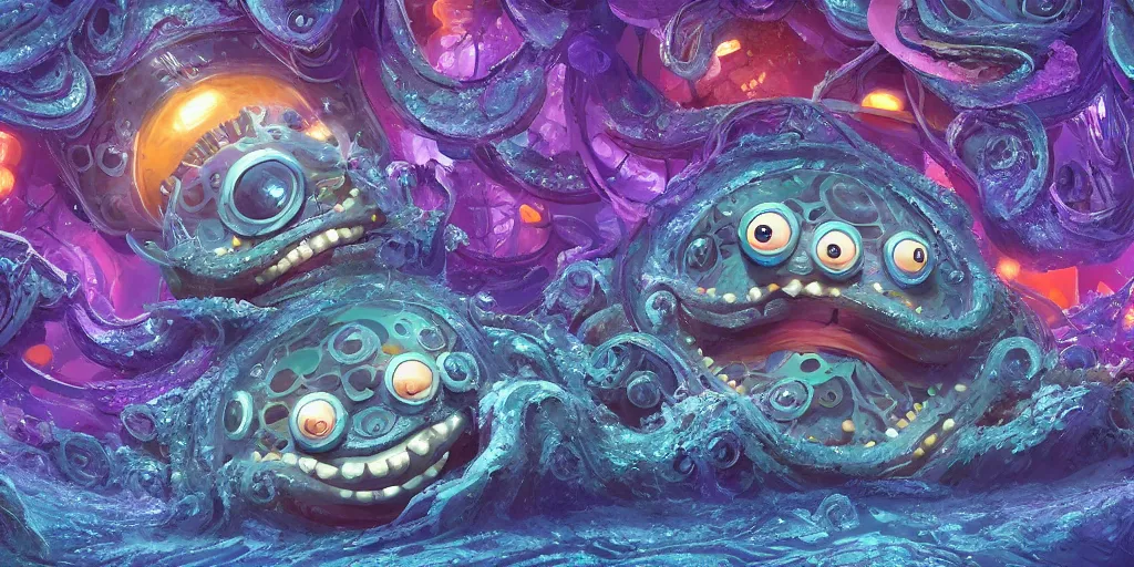 Image similar to of an intricate deep sea with strange cute friendly happy creatures with huge eyes, long tongue, round teeth and goofy funny face, appearing from the background, in the style of gehry and gaudi, macro lens, shallow depth of field, ultra detailed, digital painting, trending artstation, concept art, illustration, cinematic lighting, photorealism, epic, octane render