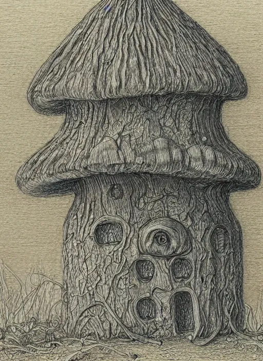 Image similar to a hybrid between a mushroom and a house,, insanely detailed, studio light, gustav dore, colored pencil