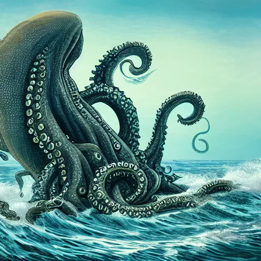 Prompt: huge sea monster, cthulhu, octopus, tentacles, towering over you, colossal giant, mythical sea creature, epic, waves, rough ocean, gigantic huge sea monster, extremely detailed, intricate digital art, 8 k