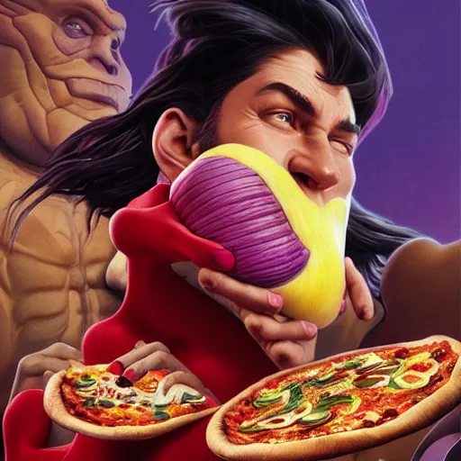 Image similar to ultra realistic illustration of the noid stealing a pizza from thanos, intricate, elegant, highly detailed, digital painting, artstation, concept art, smooth, sharp focus, illustration, art by artgerm and greg rutkowski and alphonse mucha