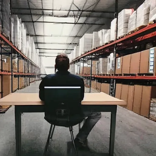 Image similar to a polaroid photo of man using a laptop inside in warehouse, he sitting on chair and small table, photo from behind