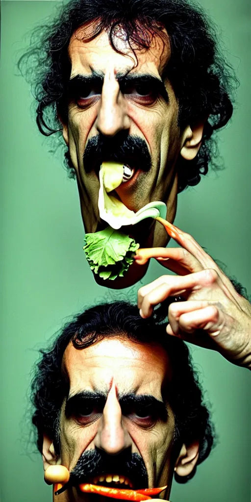 Image similar to award winning photo of frank zappa eating himself, vivid colors, happy, symmetrical face, beautiful eyes, studio lighting, wide shot art by Sally Mann & Arnold Newman