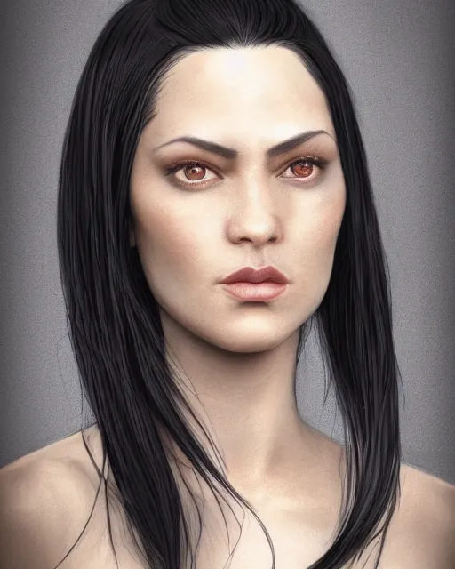 Prompt: portrait of a tall 4 0 - year - old woman with thin lips, long, lush black hair gathered on the head, and thick eyebrows, wearing in black clothes, aristocratic appearance, hyper realistic face, beautiful eyes, character art, art by mark brooks, hyperdetailed, cryengine, trending on artstation, digital art