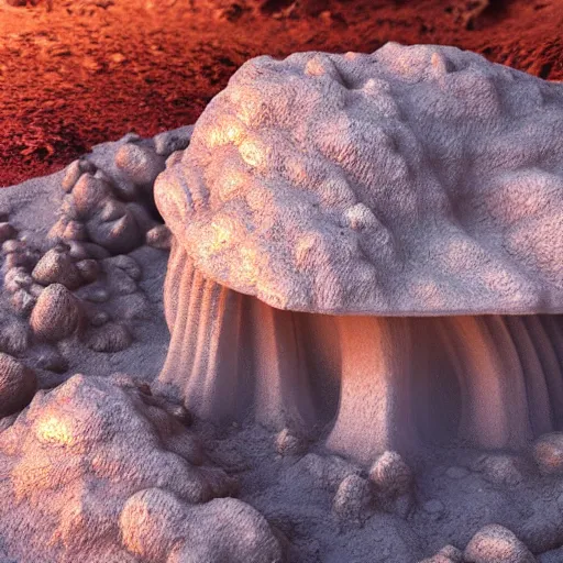Prompt: volcano sand cavern mushroom city of crystals, high detail, photorealistic, unreal engine render, matte, sharp focus, concept art