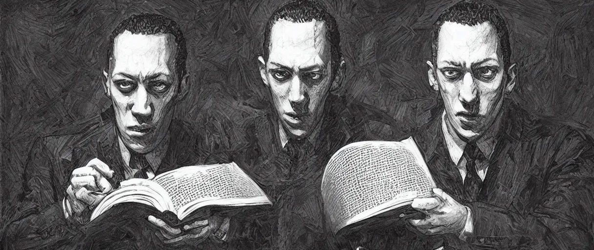 Image similar to “ a extremely detailed stunning portraits of hp lovecraft reading necronomicon by allen william on artstation ”