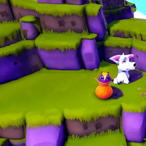 Image similar to screenshot of a cute anthropomorphic dog as an npc in spyro the dragon video game, with playstation 1 graphics, activision blizzard, upscaled to high resolution