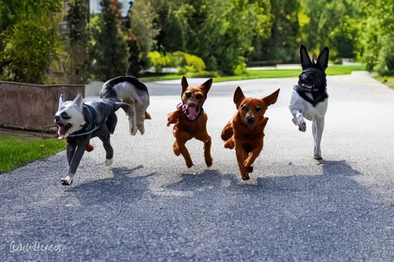 Image similar to dogs running towards a mailman off in the distance