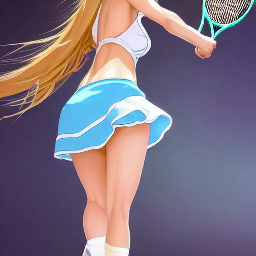 Prompt: a very beautiful young anime tennis girl, full body, long wavy blond hair, sky blue eyes, full round face,, bikini, miniskirt, front view, mid - shot, highly detailed, cinematic wallpaper by stanley artgerm lau