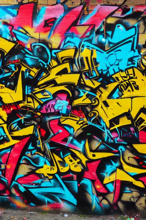 Image similar to extreme graffiti tag mural maximalism, yellow, brown, black and cyan color scheme, octane render