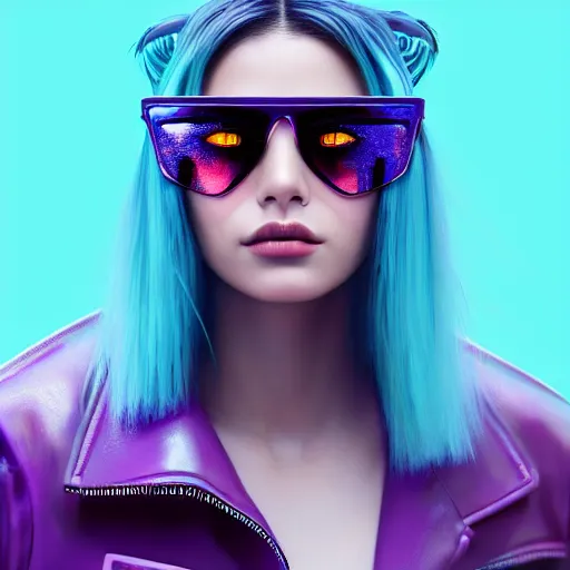 Image similar to closeup painting of a very beautiful young mexican cyberpunk woman with a smirk, wearing light blue venetian blind shades and a purple coloured leather jacket, one side haircut, long brown hair with light blue ends, portrait, hyperdetailed, artstation, cgsociety, 8 k, synthwave!!! image