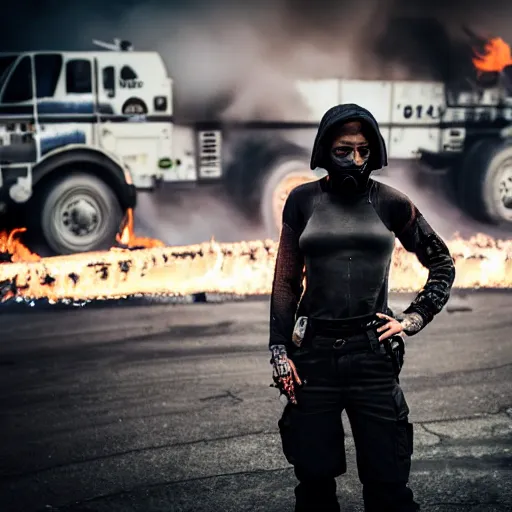 Image similar to Candid extreme wide shot of a poor techwear mixed woman with short hair and tattoos outside of a futuristic Los Angeles on fire, a police MRAP on fire, cyberpunk, 4k, extreme long shot, desaturated, full shot, action shot, motion blur, depth of field, sigma 85mm f/1.4, high resolution, 4k, 8k, hd, full color, award winning photography, war photography