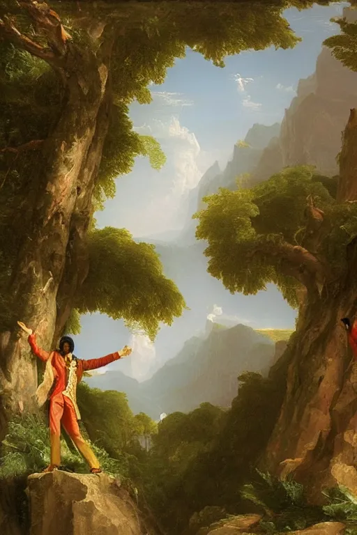 Prompt: a thomas cole naturalist style painting of michael jackson atop mount olympus with enormous columns on either side