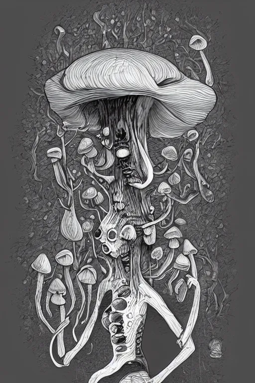 Image similar to black and white illustration, creative design, body horror, mushroom monster