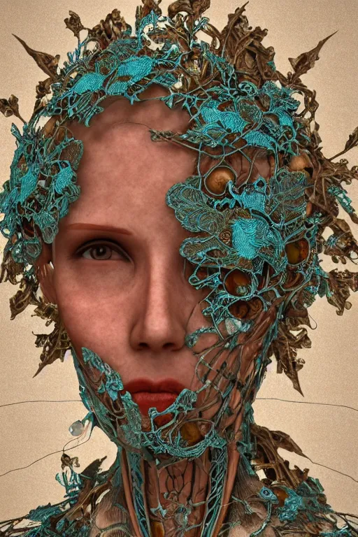 Prompt: complex 3d render ultra detailed of a beautiful porcelain old woman face, broken. rusty biomechanical cyborg, analog, 150 mm lens, beautiful natural soft rim light, big leaves and stems, roots, fine foliage lace, turquoise gold details, Alexander Mcqueen high fashion haute couture, art nouveau fashion embroidered, intricate details, mesh wire, mandelbrot fractal, anatomical, facial muscles, cable wires, elegant, hyper realistic, in front of dark flower pattern wallpaper, ultra detailed, octane render, volumetric lighting, 8k post-production