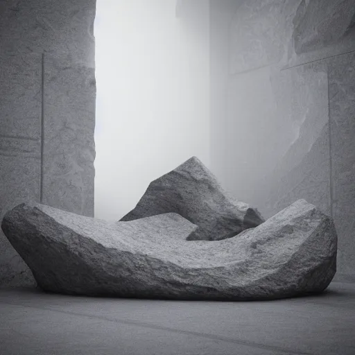 Prompt: smoke geometry carved out of stone, in a brutalist gallery space of concrete, global illumination, octane render, 8 k