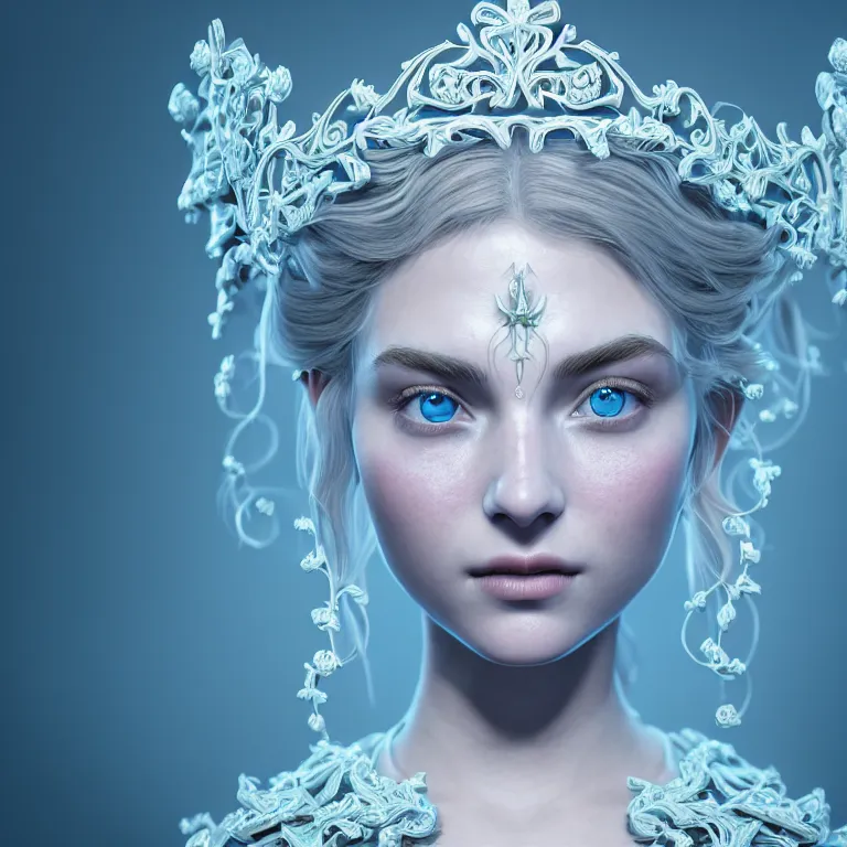 Prompt: wonderful princess of vines with a clear skin, ornate 8 k gorgeous intricate white detailed, accent blue lighting, dramatic light, octane render