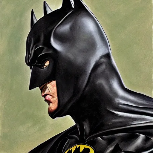 Prompt: high quality high detail painting by lucian freud, hd, portrait of a batman, photorealistic lighting