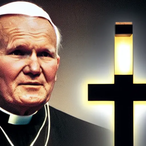 Image similar to photograph of john paul ii in black clothes staring at a big glowing christian cross, night, pitch black