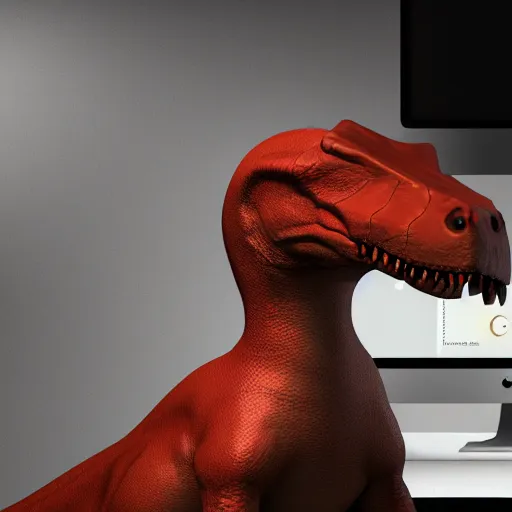 Prompt: anthropomorphic dinosaur sitting in front of computer, vray, 5 5 mm