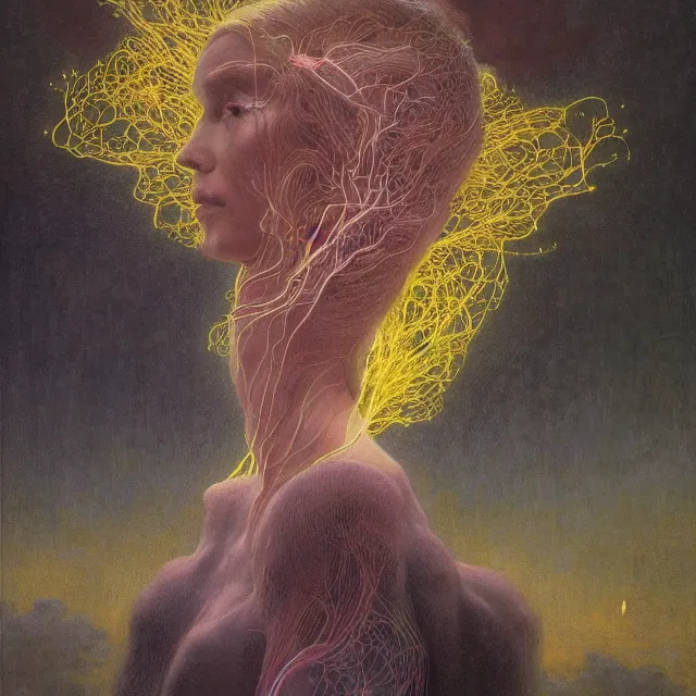 Prompt: A portrait of a woman wearing clothes made out of thunder clouds and flowers, silhouettes of people floating in the air in the background, apocalypse, yellow skin, Masterpiece, glowing, wires everywhere, by Edgar Maxence and Ross Tran, Zdzisław Beksiński, and Michael Whelan, distant, gustav dore, H.R. Giger, 8k, octane render