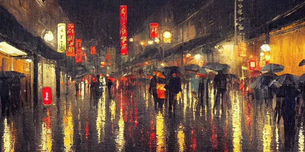 Prompt: painting of a rainy night in old shanghai