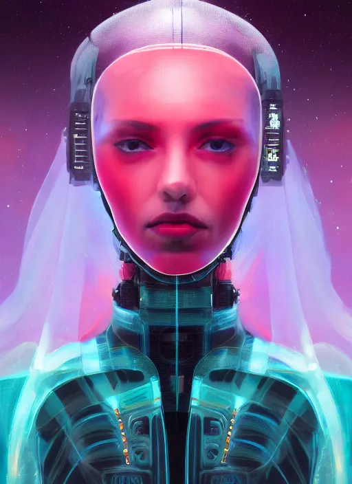 Image similar to symmetry!!! closeup portrait of a cyborg neon transparent girl, fashion racing jumpsuit with big shoulder pads, cinematic light, backlight, windy, teal orange, volumetric smoke, mist, by gerald brom, by mikhail vrubel, by peter elson, muted colors, extreme detail, trending on artstation, 8 k