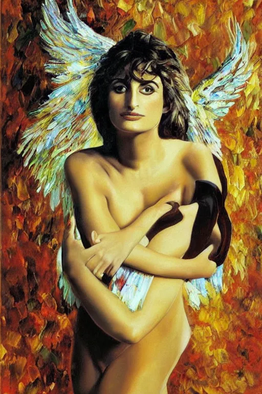 Image similar to oil painting, portrait of penelope cruz with wings, artwork by salvador dali