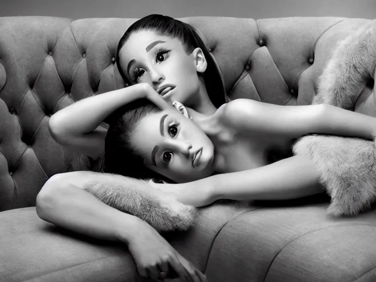 Prompt: award winning photo of Ariana Grande on a chesterfield lounge, symmetrical face, beautiful eyes, studio lighting, wide shot art by Sally Mann & Arnold Newman