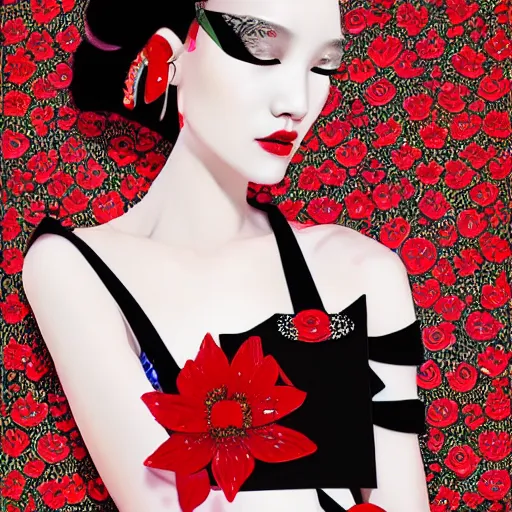 Prompt: detailed concept art painting art deco pattern black diamonds + red flowers and diamonds by hsiao - ron cheng, no humans, bizarre compositions, exquisite detail