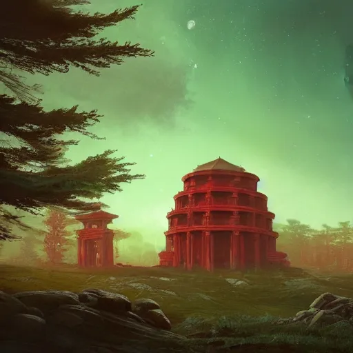 Image similar to red ancient temple, green hills, star trails, dramatic lighting, artstation, matte painting, caspar david friedrich, simon stalenhag