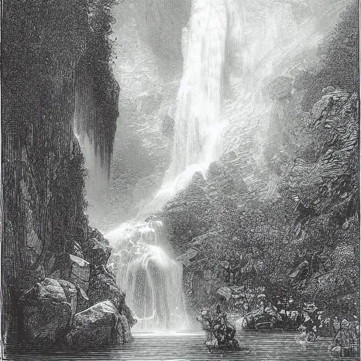 Image similar to waterfall scene, gustave dore lithography