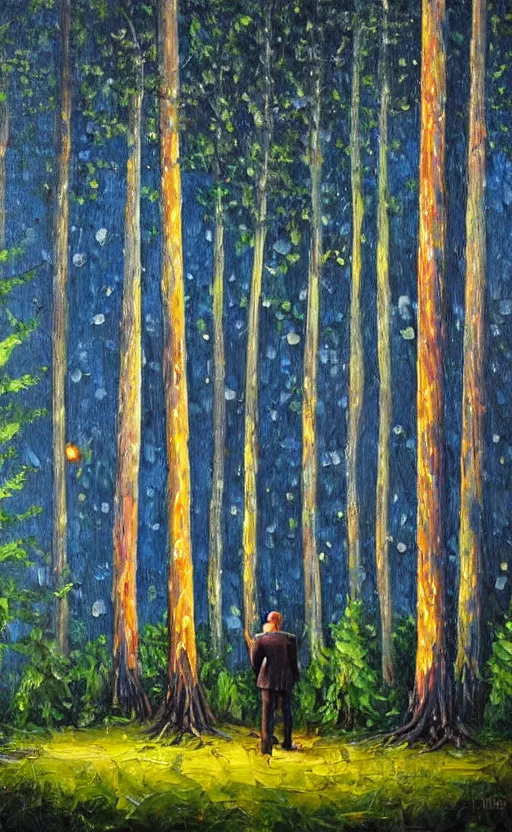 Prompt: a colorful realistic oil painting of a moonlit lush dense spruce forest at night with a business man standing by a bonfire, there's a business man in a suit near the fire with his back turned away from the viewer, curved trees, the top of the trees have morphed into art deco skyscrapers pointing at the moon, new york skyscrapers in the night sky with lights in the windows, the painting has cold blues at the top and warm orange colors at the bottom, a cross between lush spruce trees and a city, colorful orange and blue gradient, bright orange camp fire, worm's eye view of a brutalist metropolis, city buildings on top of trees, fish eye lens, worm's eye view, brutalist office buildings