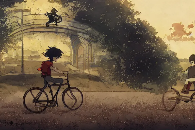 Image similar to a boy riding his bike alone, high intricate details, rule of thirds, golden ratio, cinematic light, anime style, graphic novel by fiona staples and dustin nguyen, by beaststars and orange, peter elson, alan bean, studio ghibli, makoto shinkai