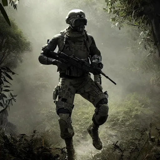 Image similar to Mercenary Special Forces soldier in light grey uniform with black armored vest and helmet launching an ambush attack in the jungles of Tanoa, combat photography by Feng Zhu, highly detailed, excellent composition, cinematic concept art, dramatic lighting, trending on ArtStation